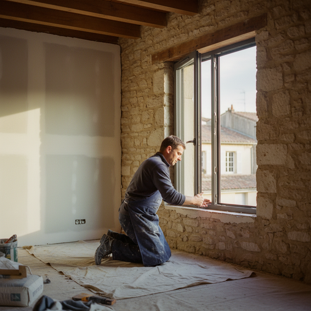 Menuisier mesurant une fenêtre PVC double vitrage dans une maison en rénovation
